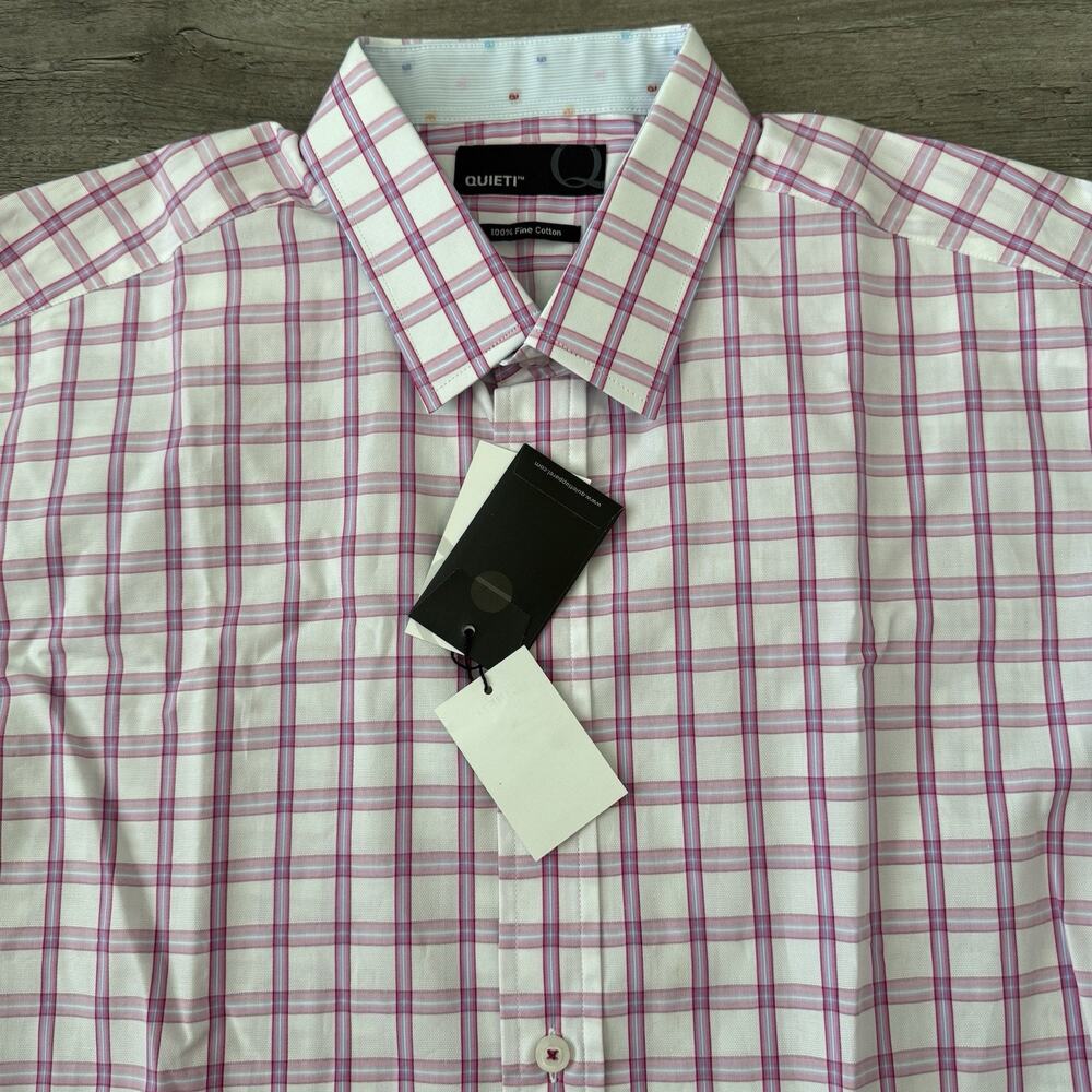QUIETI Fine Cotton Shirt Mens Pink Plaid w Contrasting Trim Button Up NEW